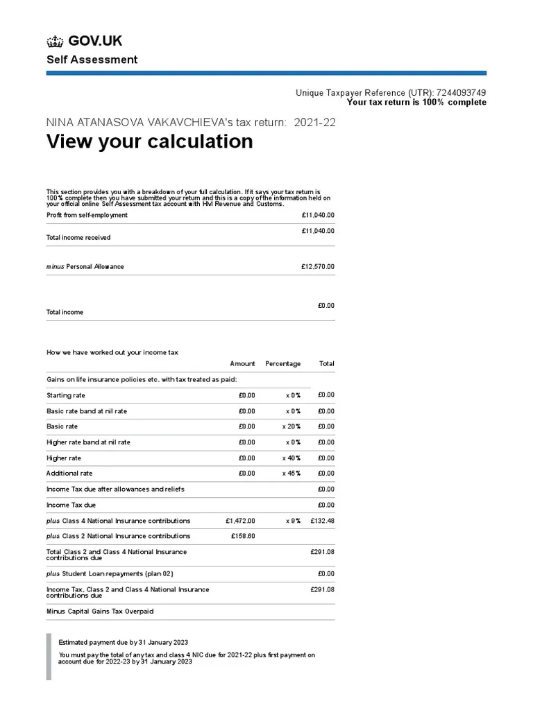 SA302 Self Assessment Calculation